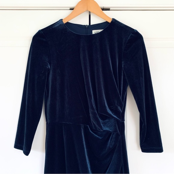 Eliza J Dress Navy Velvet Cocktail Sheath Gathered Waist 3/4 Sleeve Party Size 6 - Picture 2 of 9